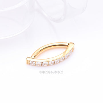 Detail View 1 of Implant Grade Titanium Golden Square Gem Lined Minimalist Curved Bar Belly Clicker-Clear Gem